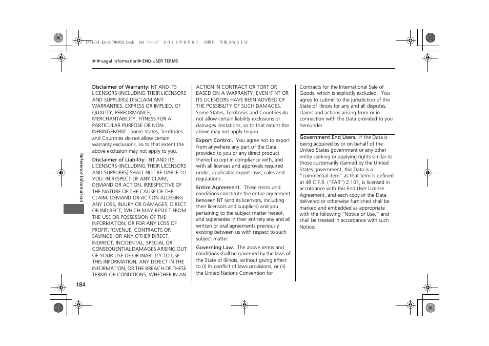 HONDA 2012 Insight Navigation User Manual | Page 186 / 203