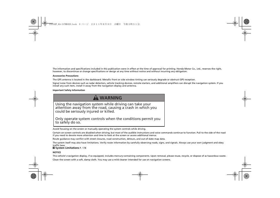 Warning | HONDA 2012 Insight Navigation User Manual | Page 2 / 203