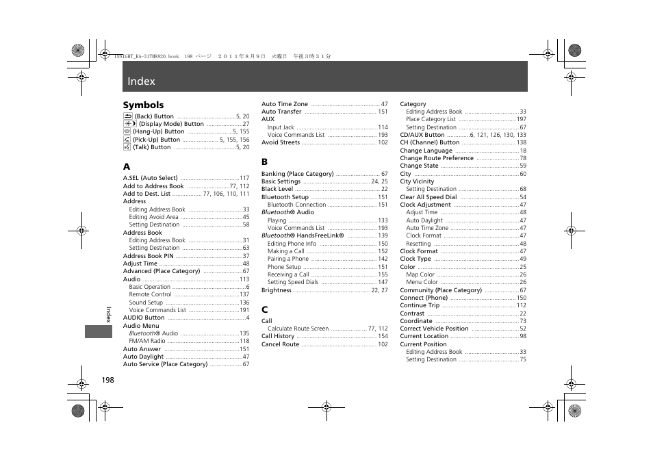 Index, P.198, Symbols | HONDA 2012 Insight Navigation User Manual | Page 200 / 203