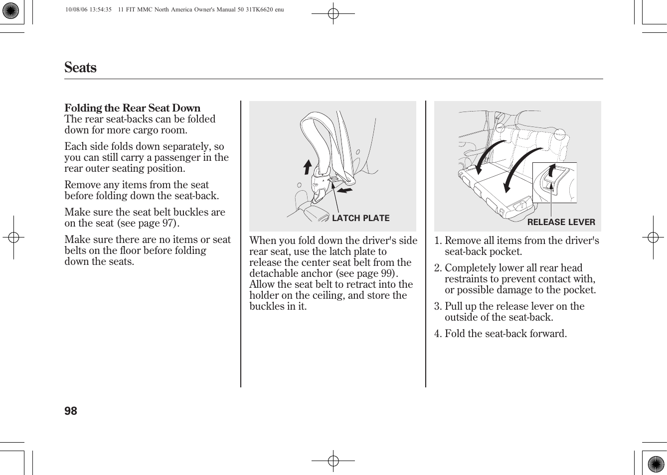 Seats | HONDA 2011 Fit User Manual | Page 104 / 358