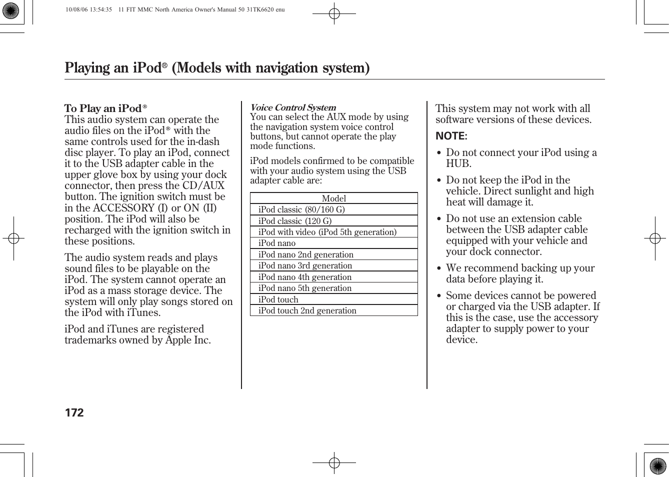 Playing an ipod, Models with navigation system) | HONDA 2011 Fit User Manual | Page 178 / 358