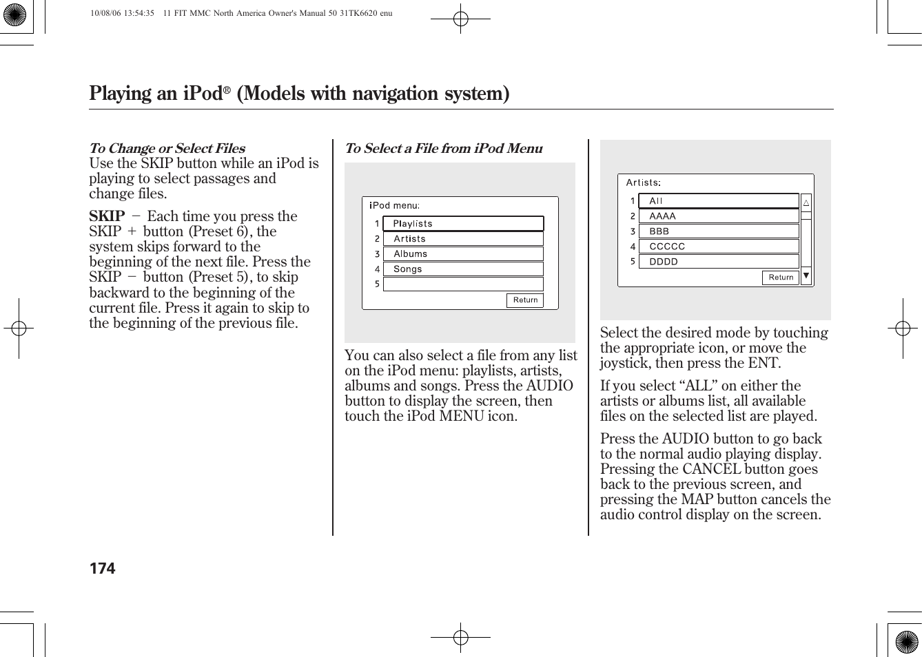 Playing an ipod, Models with navigation system) | HONDA 2011 Fit User Manual | Page 180 / 358