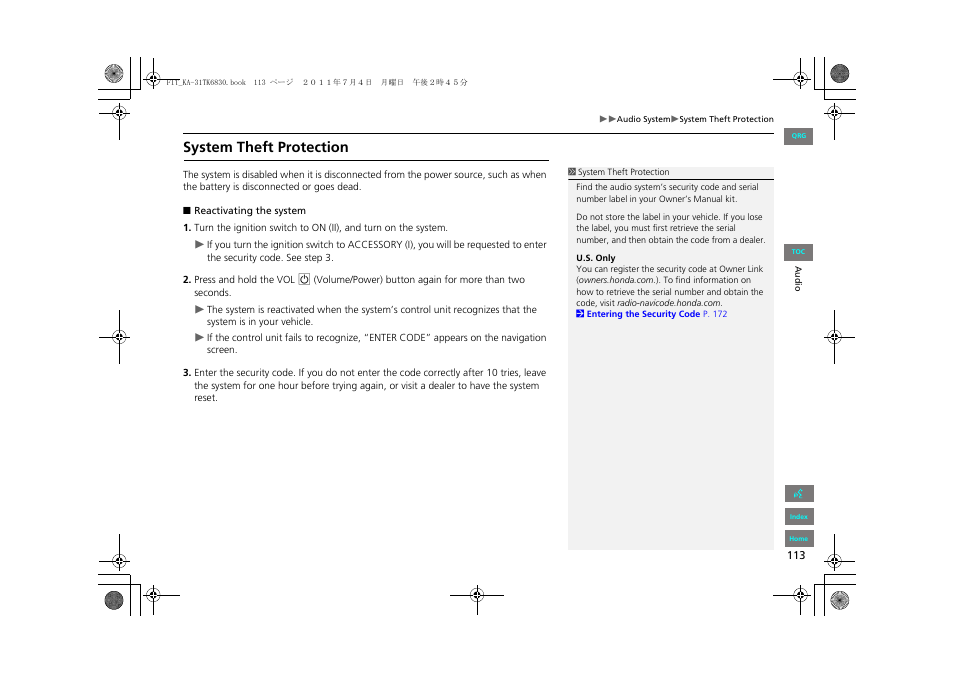 System theft protection | HONDA 2013 Fit Navigation User Manual | Page 114 / 198