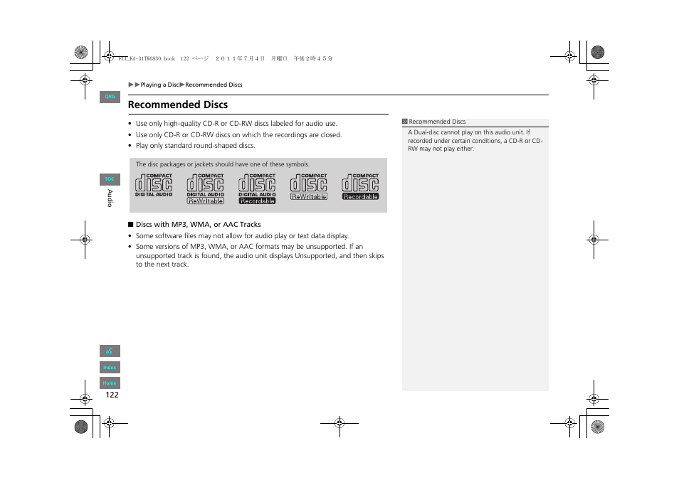 Recommended discs | HONDA 2013 Fit Navigation User Manual | Page 123 / 198