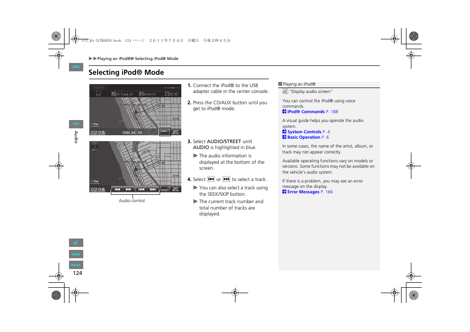 Selecting ipod® mode | HONDA 2013 Fit Navigation User Manual | Page 125 / 198