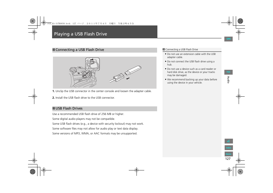Playing a usb flash drive, P127) | HONDA 2013 Fit Navigation User Manual | Page 128 / 198