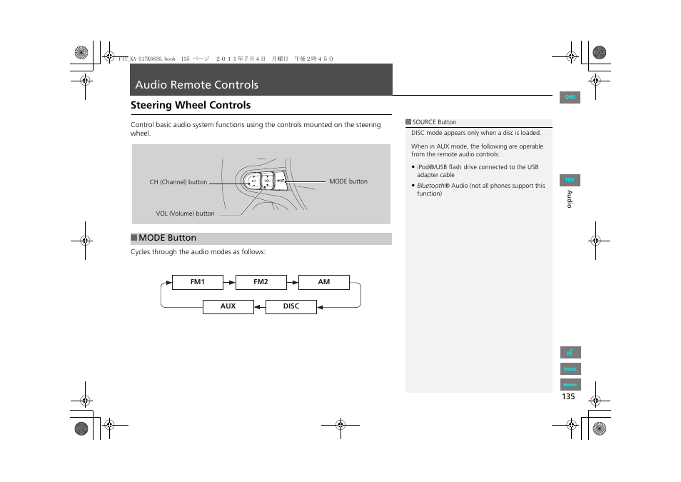 Audio remote controls, Steering wheel controls, P135) | Audio, Remote, Controls, 2 audio remote controls, P. 135 | HONDA 2013 Fit Navigation User Manual | Page 136 / 198