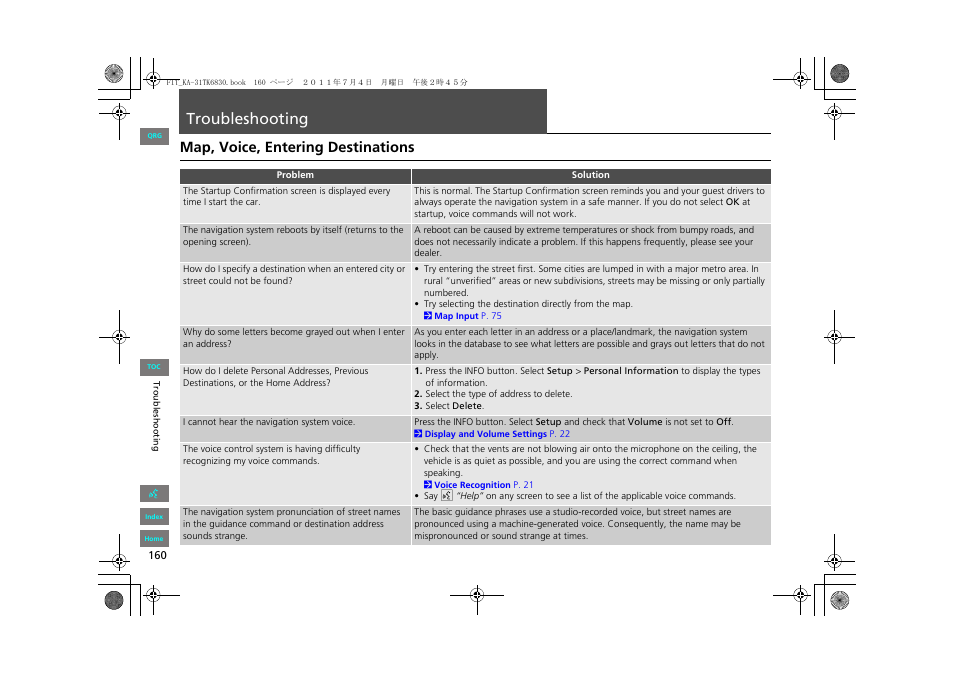 Troubleshooting, Map, voice, entering destinations, Ting | HONDA 2013 Fit Navigation User Manual | Page 161 / 198