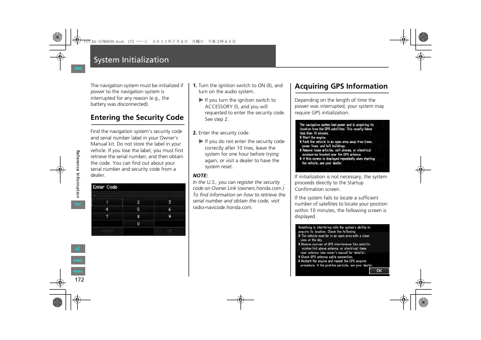 System initialization, Entering the security code, Acquiring gps information | Ialization, 2 system initialization p. 172 | HONDA 2013 Fit Navigation User Manual | Page 173 / 198
