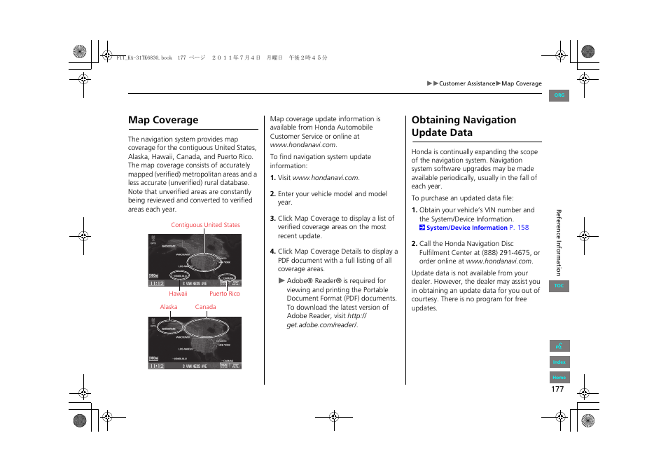 Map coverage, Obtaining navigationupdate data, 2 map coverage p. 177 | Obtaining navigation update data | HONDA 2013 Fit Navigation User Manual | Page 178 / 198