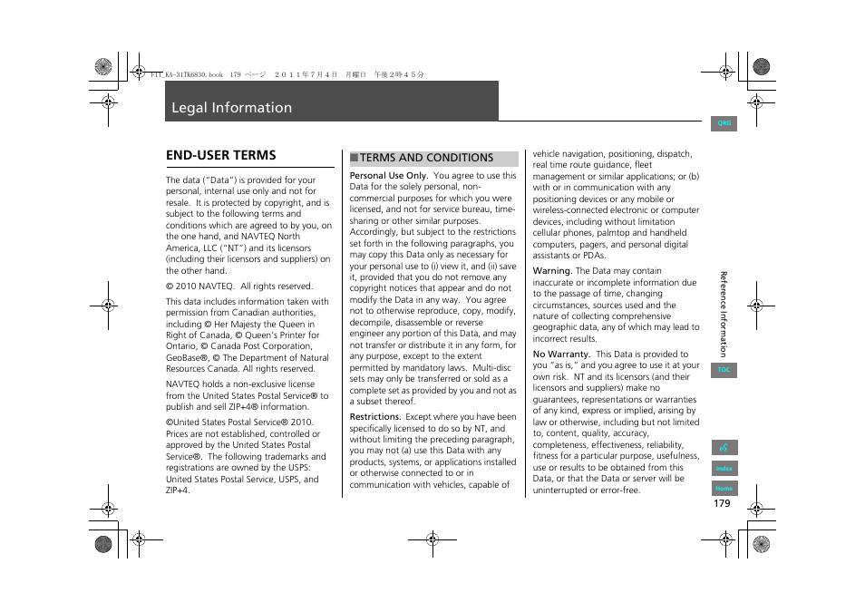Legal information, End-user terms | HONDA 2013 Fit Navigation User Manual | Page 180 / 198