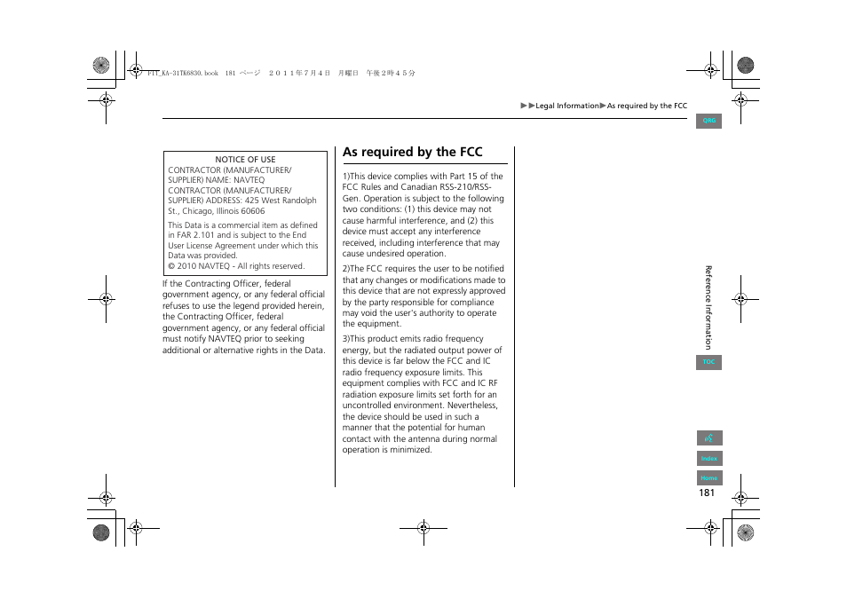 As required by the fcc | HONDA 2013 Fit Navigation User Manual | Page 182 / 198
