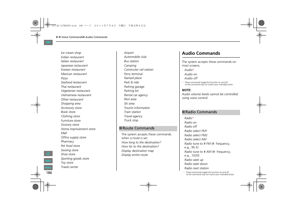 Audio commands, 2 route commands p. 186, 2 audio commands p. 186 | HONDA 2013 Fit Navigation User Manual | Page 187 / 198