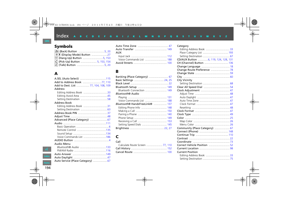 Index, P.194, Symbols | HONDA 2013 Fit Navigation User Manual | Page 195 / 198