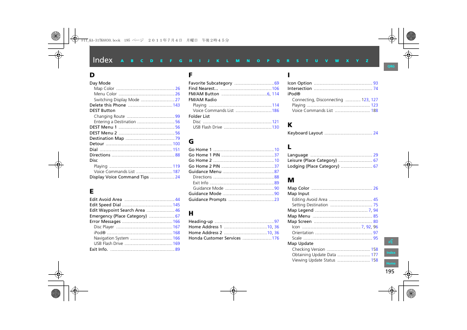 Index | HONDA 2013 Fit Navigation User Manual | Page 196 / 198