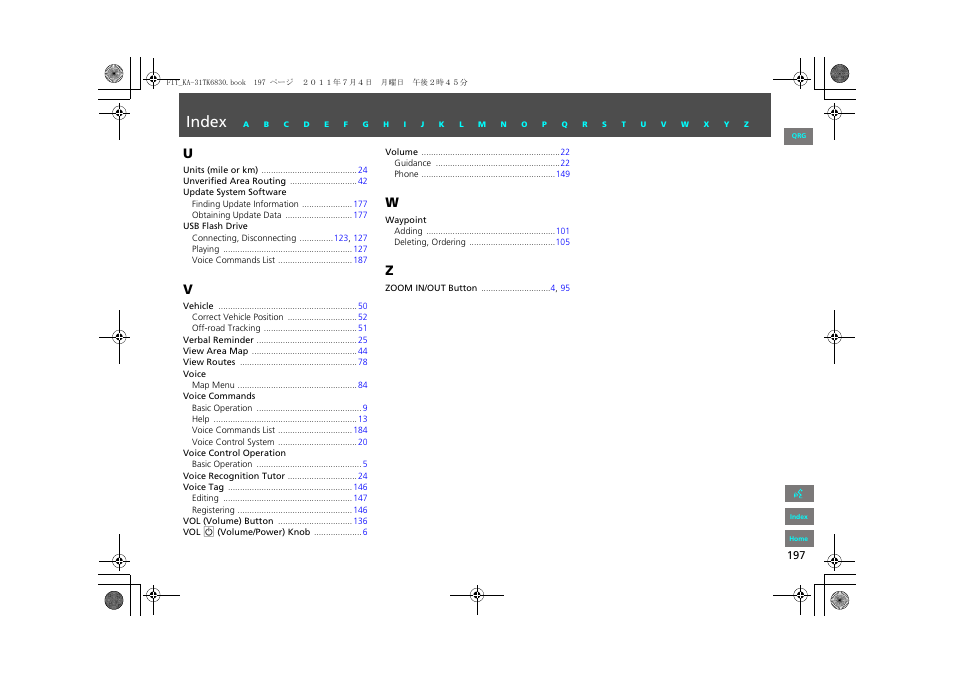 Index | HONDA 2013 Fit Navigation User Manual | Page 198 / 198