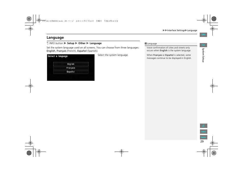 Language, 2 language p. 29 | HONDA 2013 Fit Navigation User Manual | Page 30 / 198