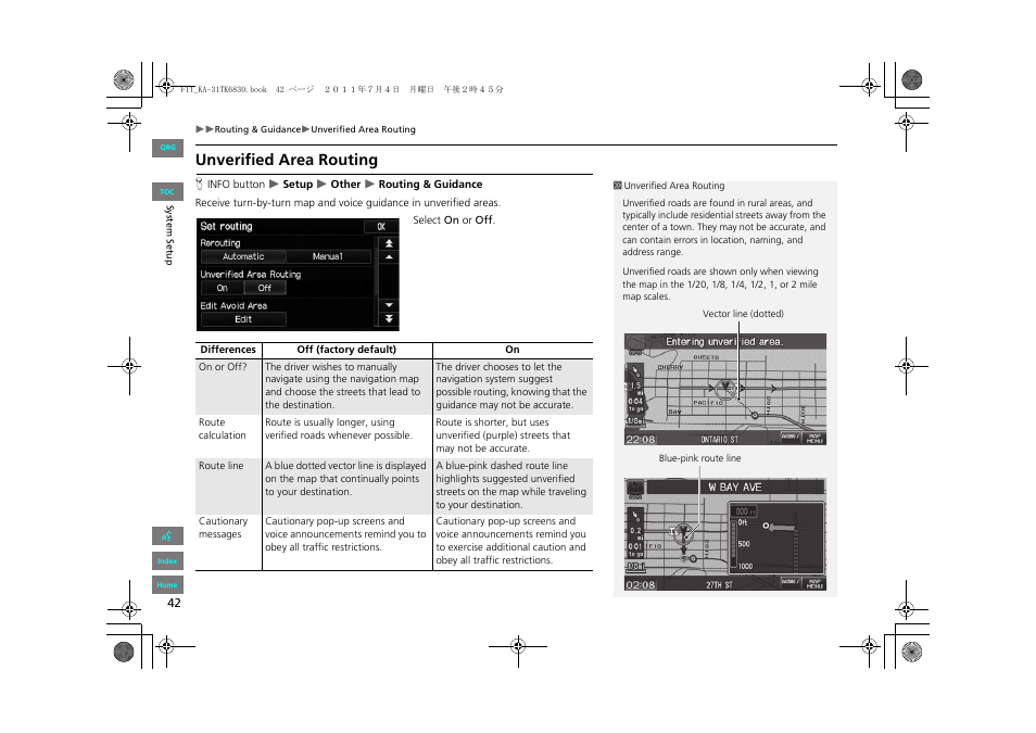 Unverified area routing, 2 unverified area routing, P. 42 | HONDA 2013 Fit Navigation User Manual | Page 43 / 198