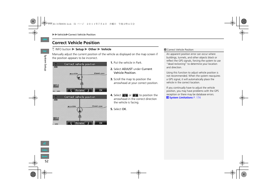 Correct vehicle position, 2 correct vehicle position, P. 52 | HONDA 2013 Fit Navigation User Manual | Page 53 / 198