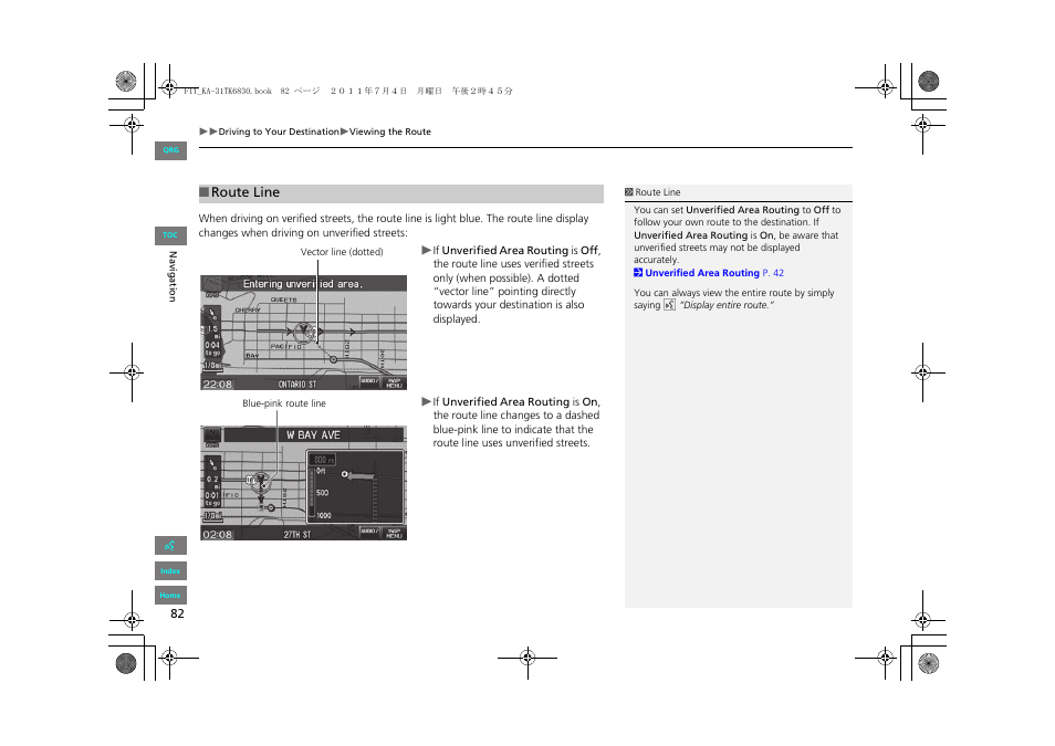 P82), 2 route line, P. 82 | HONDA 2013 Fit Navigation User Manual | Page 83 / 198