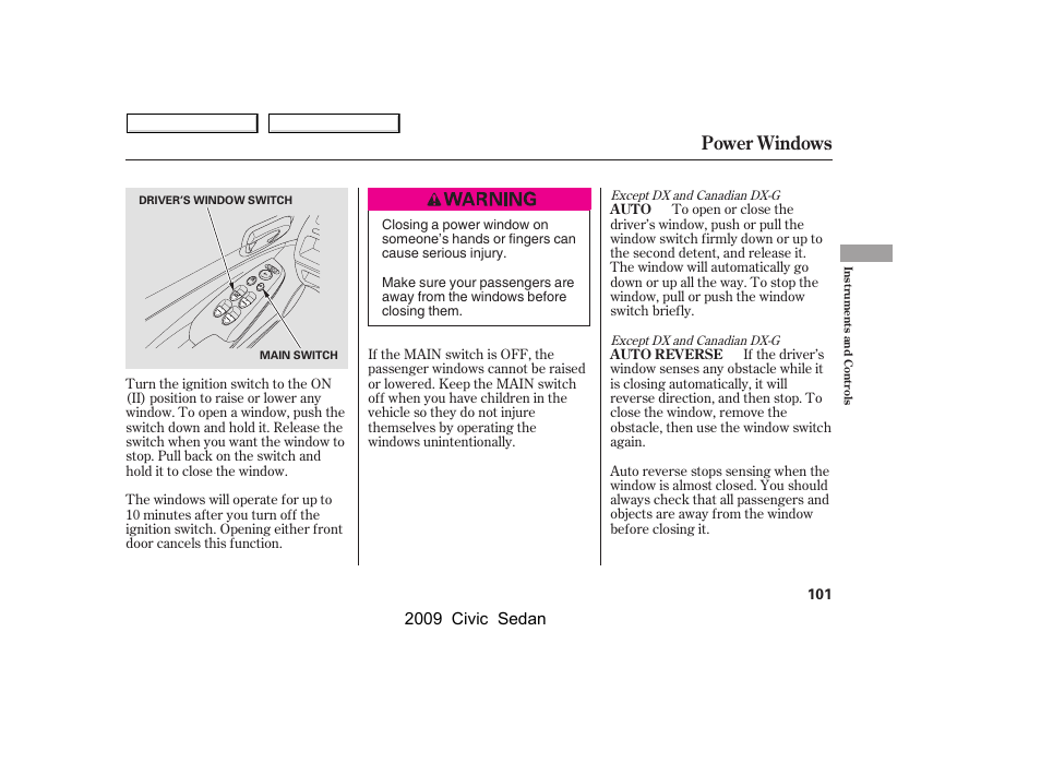 Power windows, 2009 civic sedan | HONDA 2009 Civic Sedan User Manual | Page 104 / 396