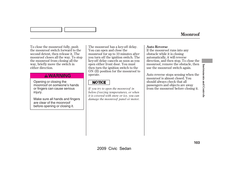 Moonroof, 2009 civic sedan | HONDA 2009 Civic Sedan User Manual | Page 106 / 396