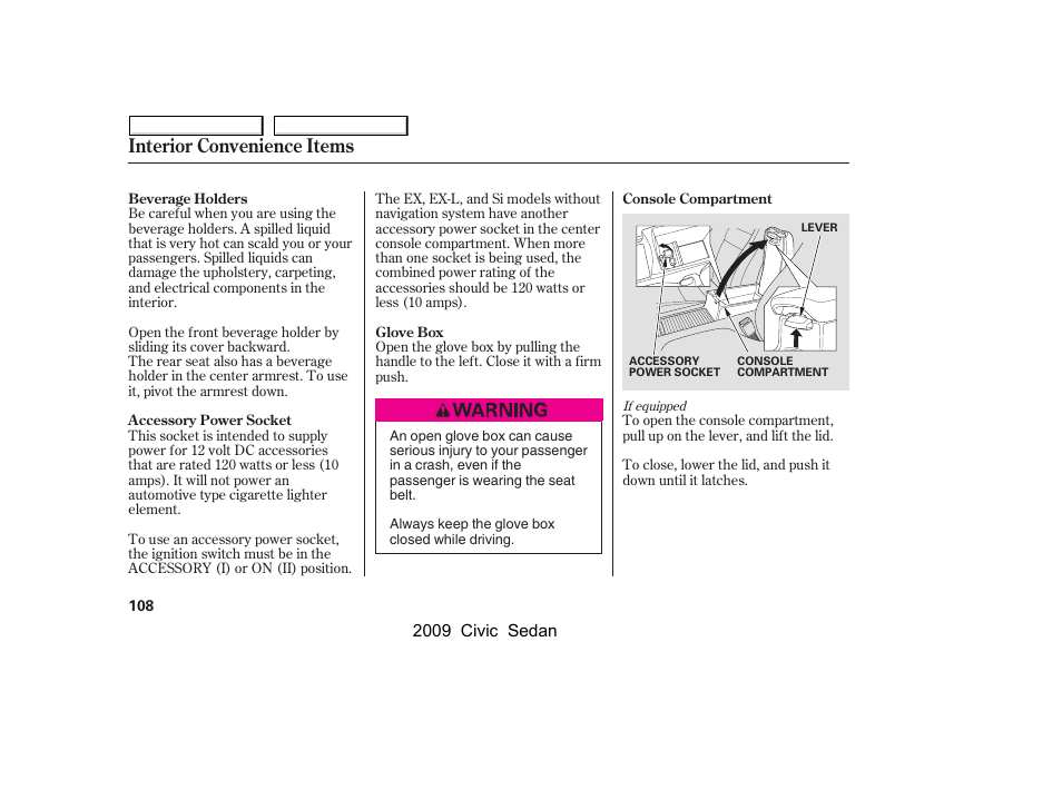 Interior convenience items | HONDA 2009 Civic Sedan User Manual | Page 111 / 396