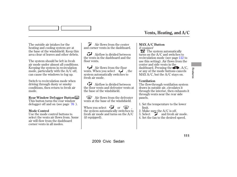 Vents, heating, and a/c | HONDA 2009 Civic Sedan User Manual | Page 114 / 396