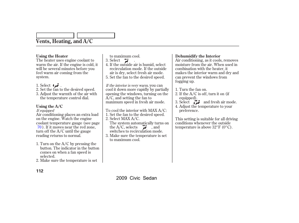 Vents, heating, and a/c | HONDA 2009 Civic Sedan User Manual | Page 115 / 396