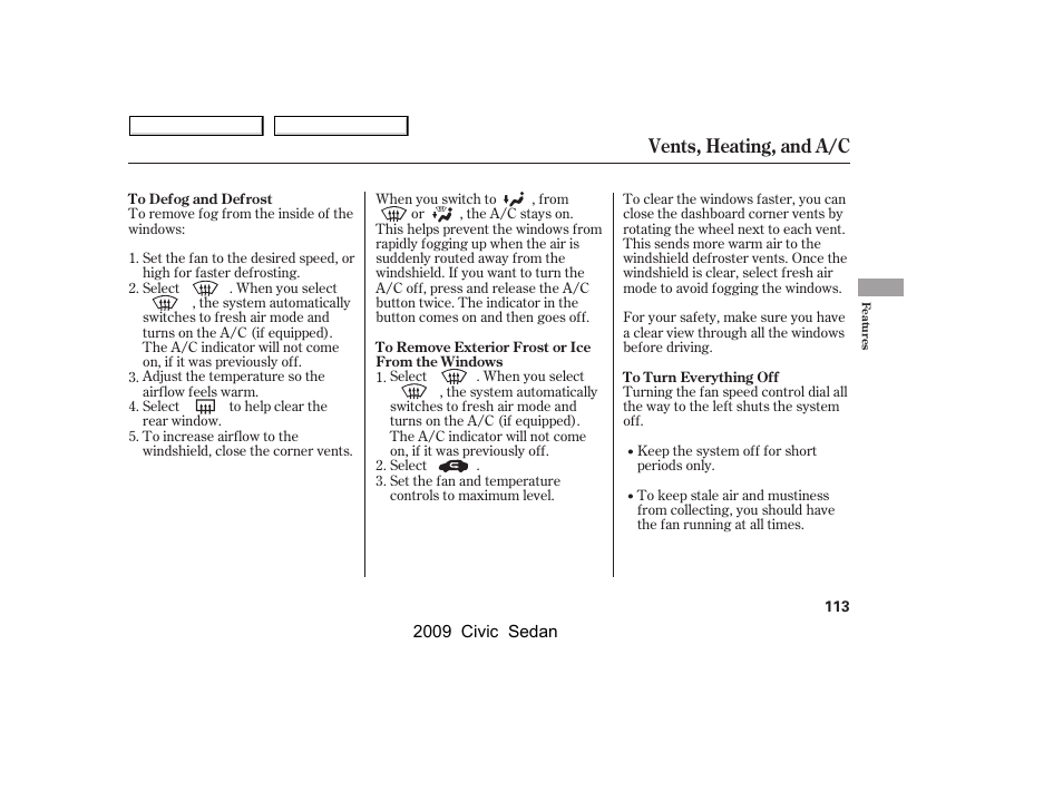 Vents, heating, and a/c | HONDA 2009 Civic Sedan User Manual | Page 116 / 396