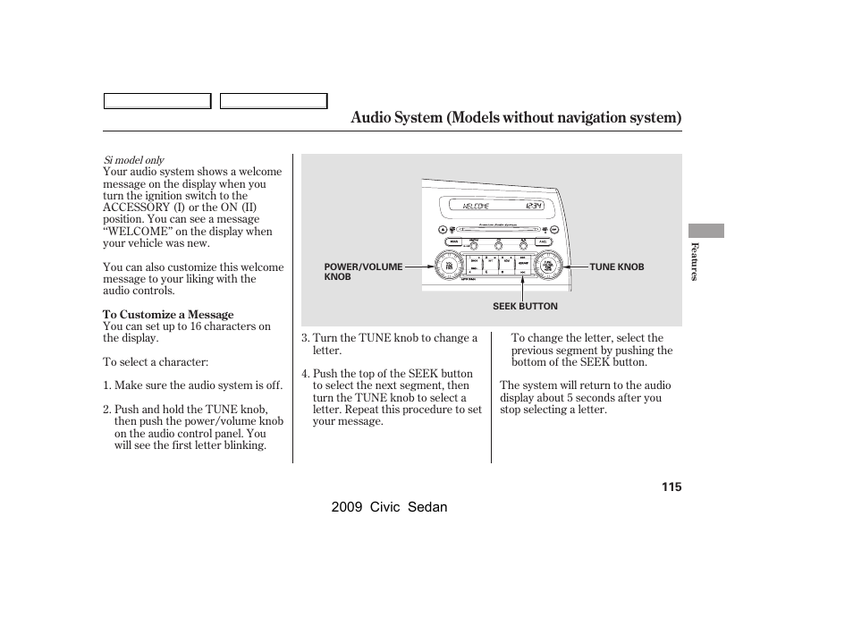 Audio system (models without navigation system) | HONDA 2009 Civic Sedan User Manual | Page 118 / 396