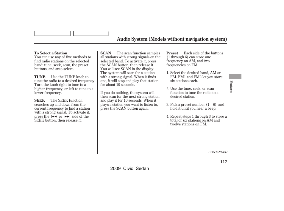 Audio system (models without navigation system) | HONDA 2009 Civic Sedan User Manual | Page 120 / 396