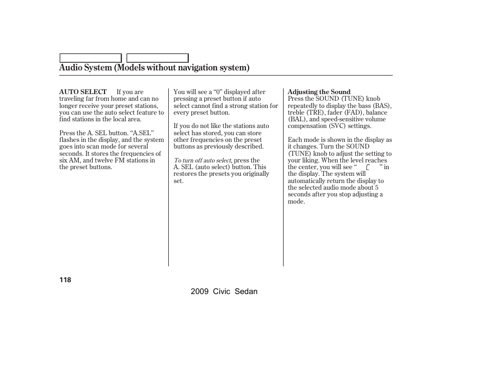 Audio system (models without navigation system) | HONDA 2009 Civic Sedan User Manual | Page 121 / 396