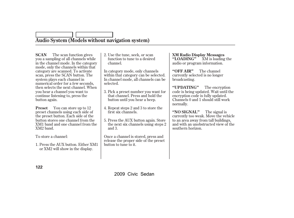 Audio system (models without navigation system) | HONDA 2009 Civic Sedan User Manual | Page 125 / 396