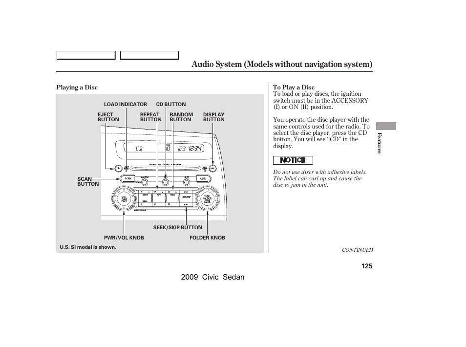 Audio system (models without navigation system), 2009 civic sedan | HONDA 2009 Civic Sedan User Manual | Page 128 / 396