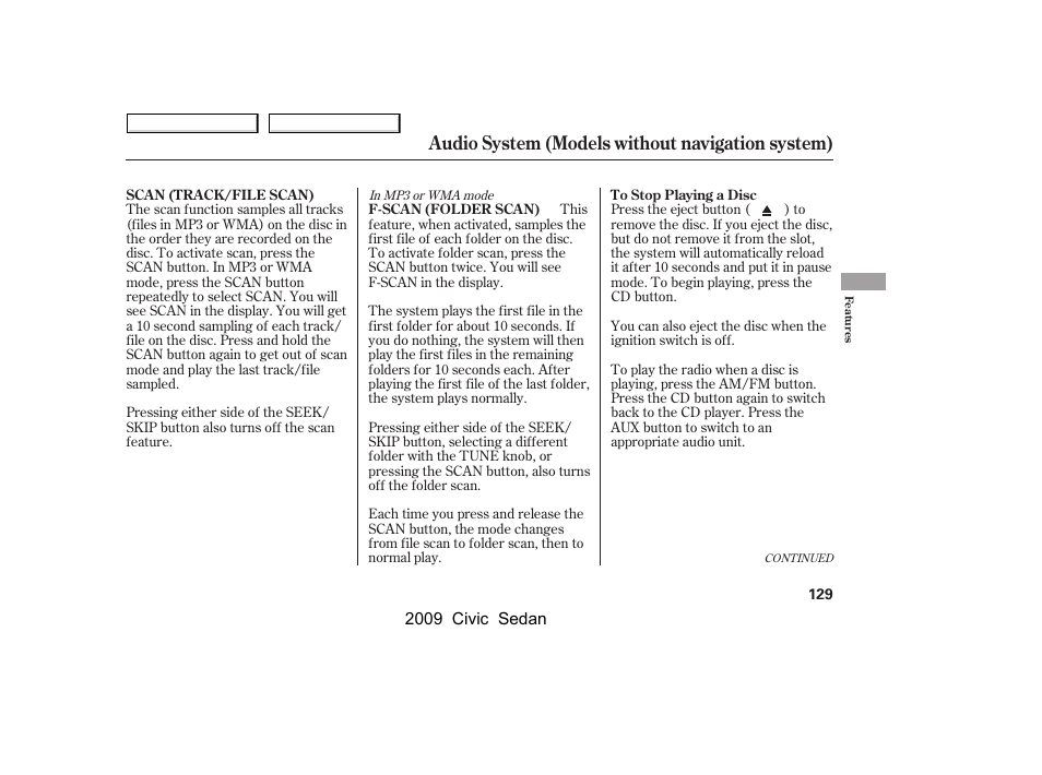 Audio system (models without navigation system) | HONDA 2009 Civic Sedan User Manual | Page 132 / 396