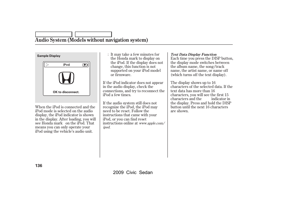 Audio system (models without navigation system) | HONDA 2009 Civic Sedan User Manual | Page 139 / 396