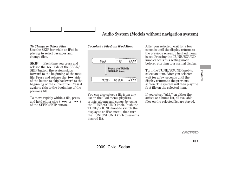 Audio system (models without navigation system) | HONDA 2009 Civic Sedan User Manual | Page 140 / 396