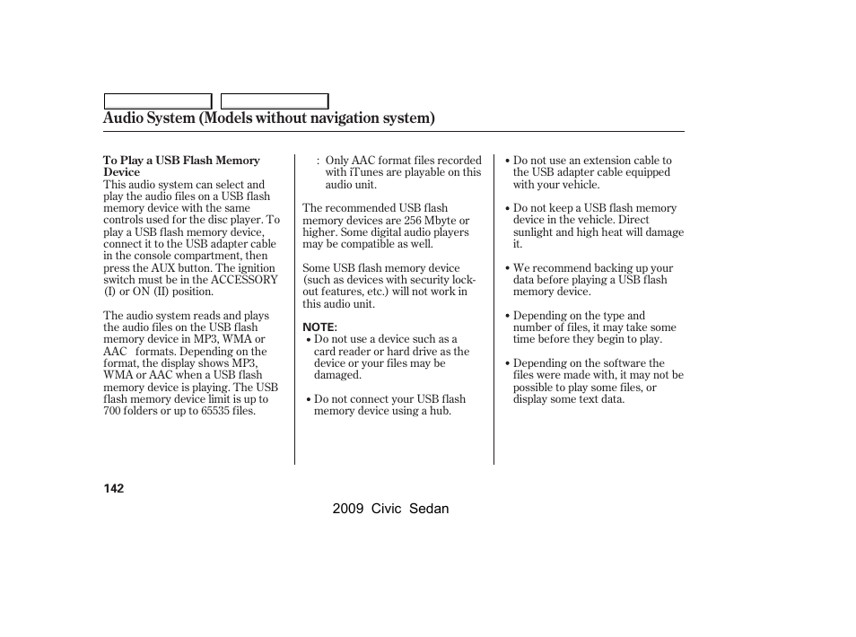 Audio system (models without navigation system) | HONDA 2009 Civic Sedan User Manual | Page 145 / 396