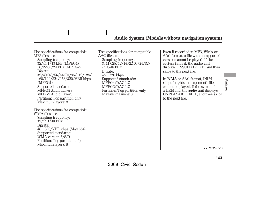 Audio system (models without navigation system) | HONDA 2009 Civic Sedan User Manual | Page 146 / 396