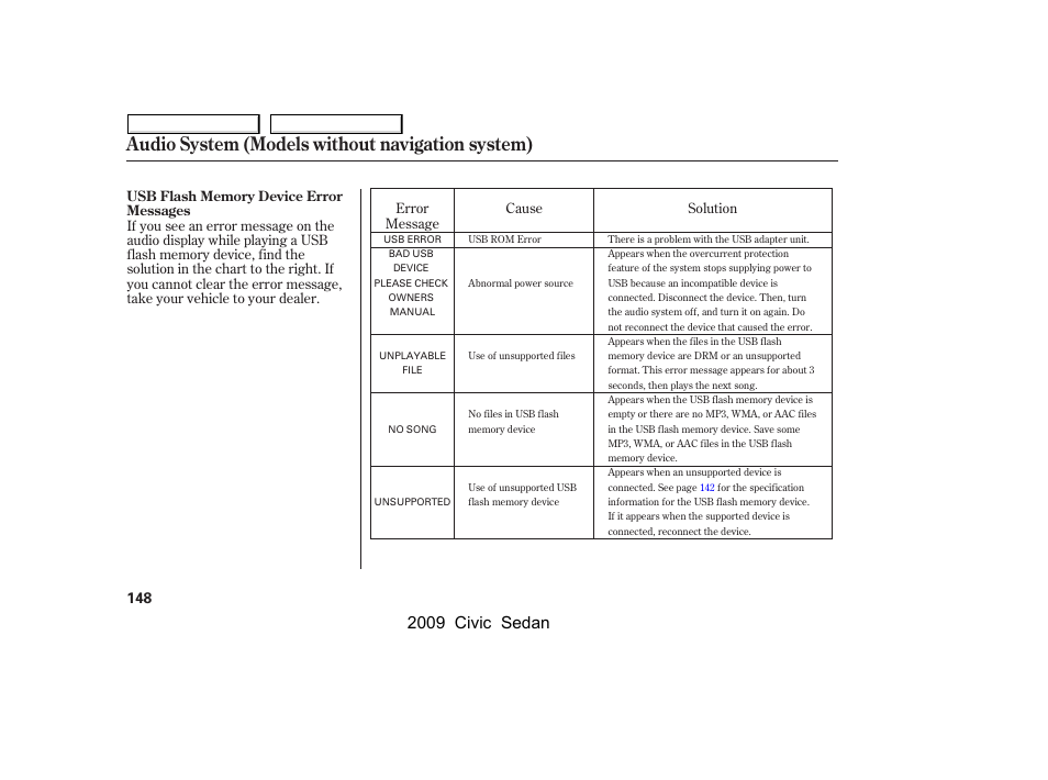 Audio system (models without navigation system), 2009 civic sedan | HONDA 2009 Civic Sedan User Manual | Page 151 / 396