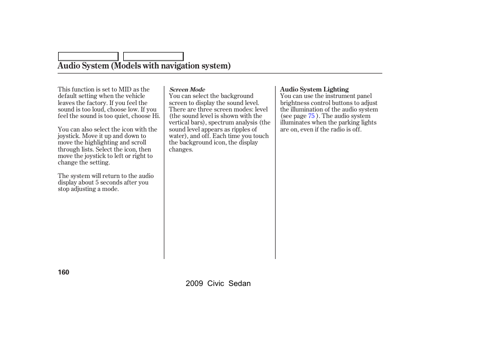 Audio system (models with navigation system) | HONDA 2009 Civic Sedan User Manual | Page 163 / 396