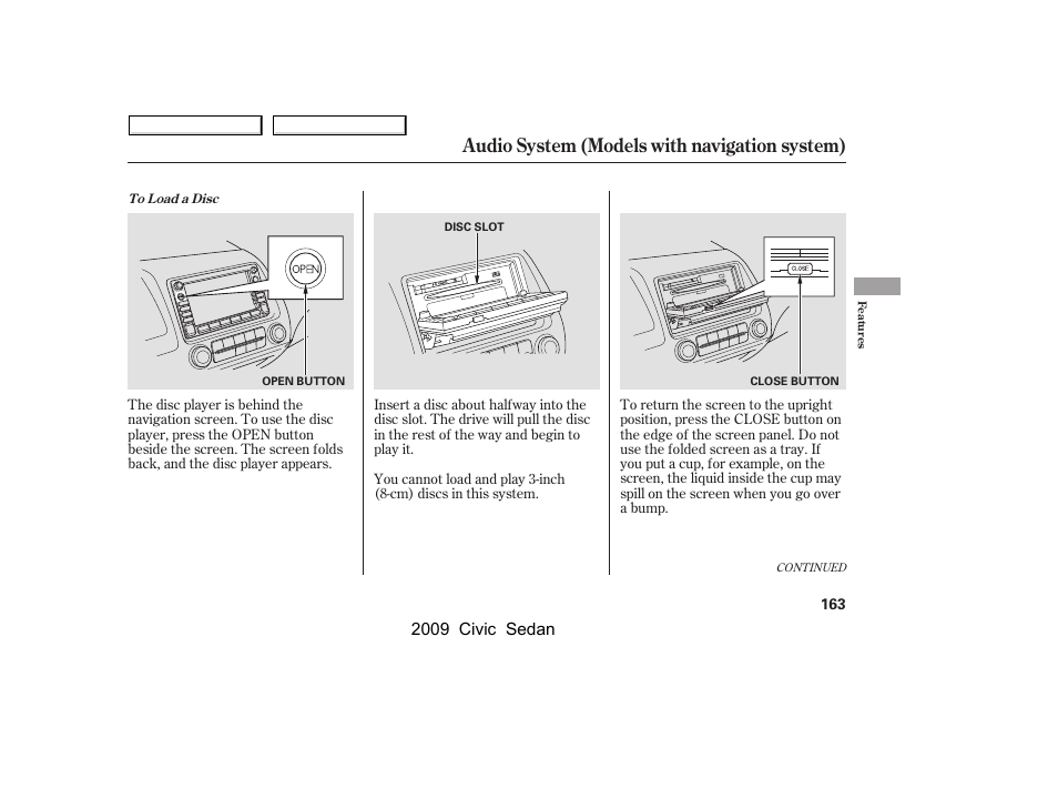 Audio system (models with navigation system), 2009 civic sedan | HONDA 2009 Civic Sedan User Manual | Page 166 / 396