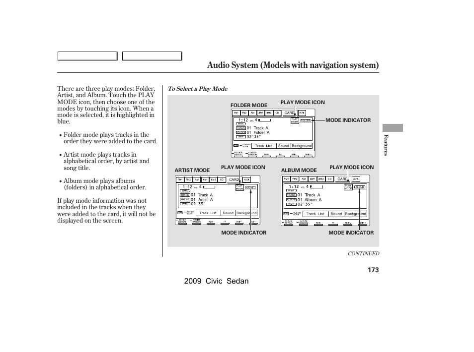 Audio system (models with navigation system), 2009 civic sedan | HONDA 2009 Civic Sedan User Manual | Page 176 / 396