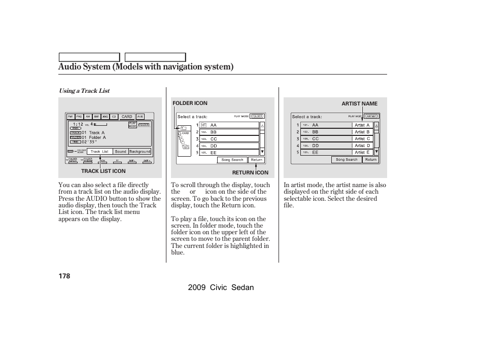 Audio system (models with navigation system) | HONDA 2009 Civic Sedan User Manual | Page 181 / 396