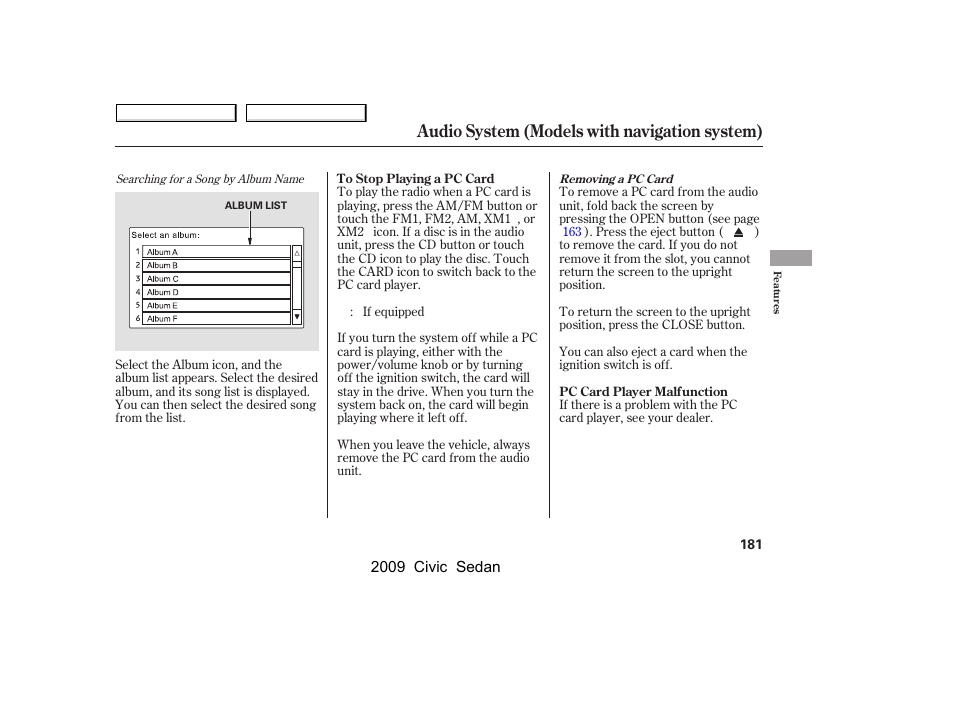 Audio system (models with navigation system) | HONDA 2009 Civic Sedan User Manual | Page 184 / 396