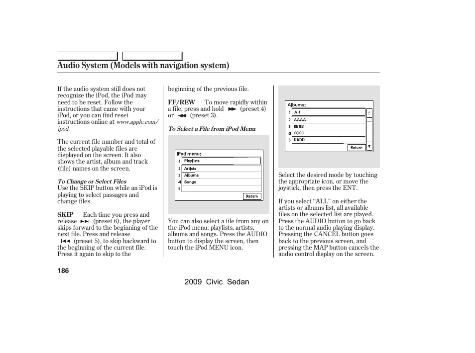 Audio system (models with navigation system) | HONDA 2009 Civic Sedan User Manual | Page 189 / 396