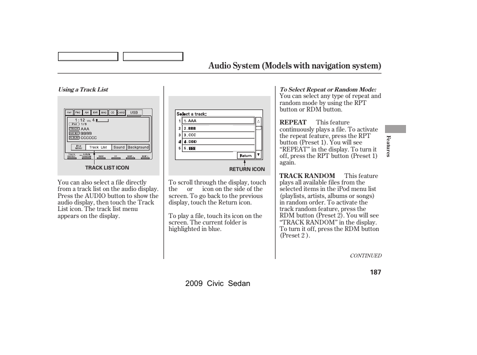 Audio system (models with navigation system) | HONDA 2009 Civic Sedan User Manual | Page 190 / 396