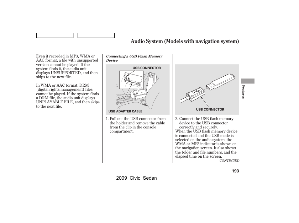 Audio system (models with navigation system), 2009 civic sedan | HONDA 2009 Civic Sedan User Manual | Page 196 / 396