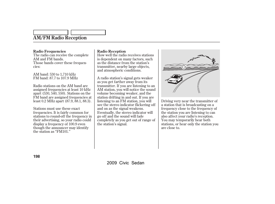 Am/fm radio reception | HONDA 2009 Civic Sedan User Manual | Page 201 / 396